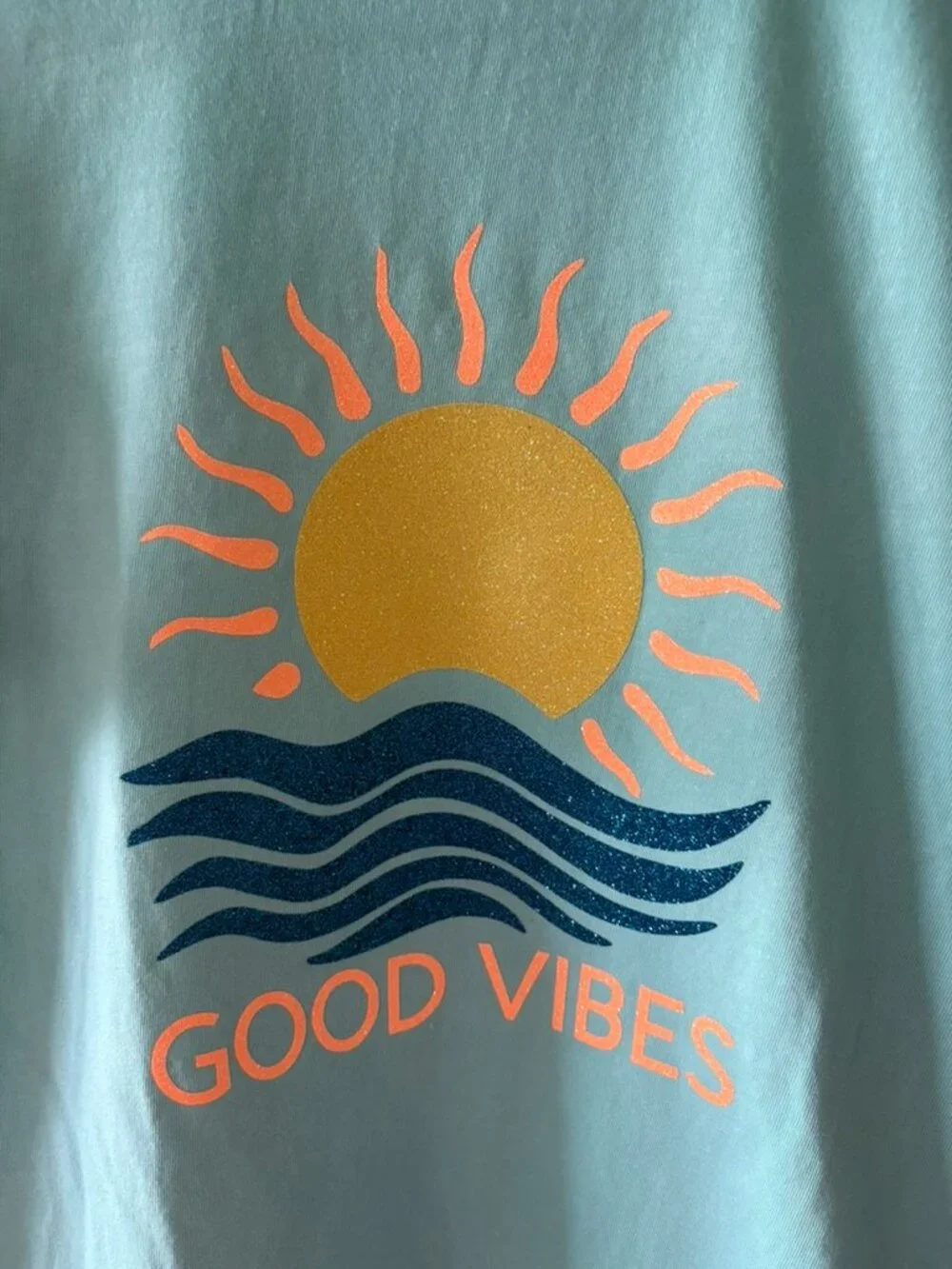 Glitter Good Vibes T-Shirt, Sun Over Ocean, Youth XL (fits like a Woman's Small)